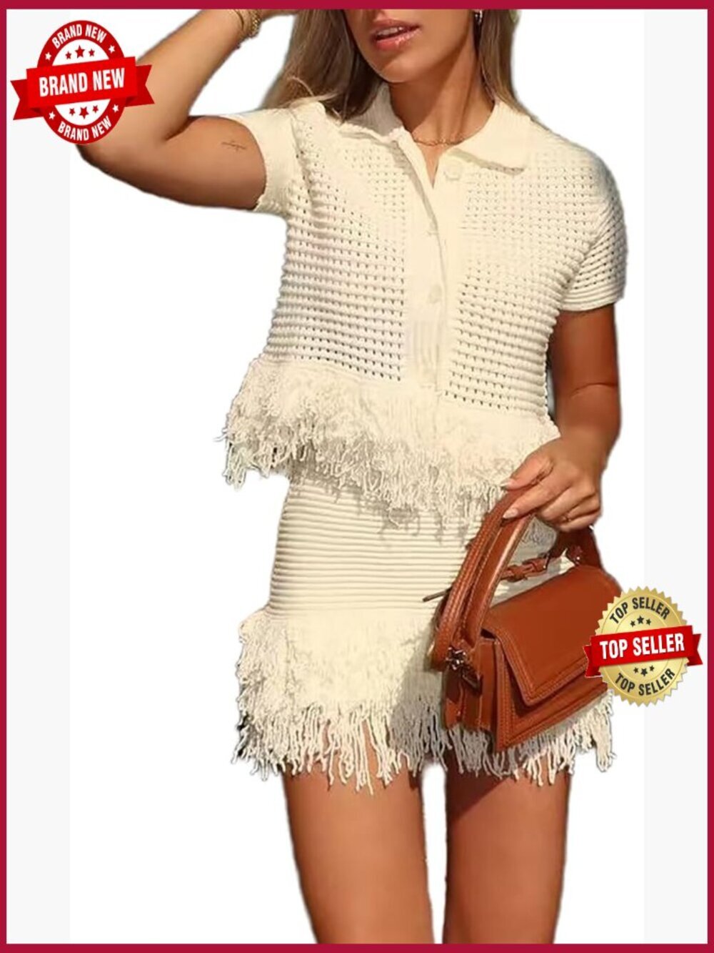 2 Piece Skirt Set Short Sleeve Crochet Knit Top Mini Skirt Vacation Outfit